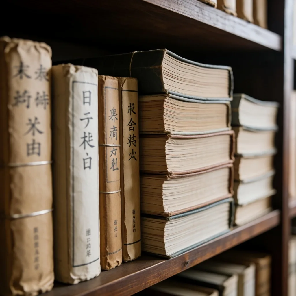 紙の帳簿と参考書が並ぶアーカイブ棚の写真