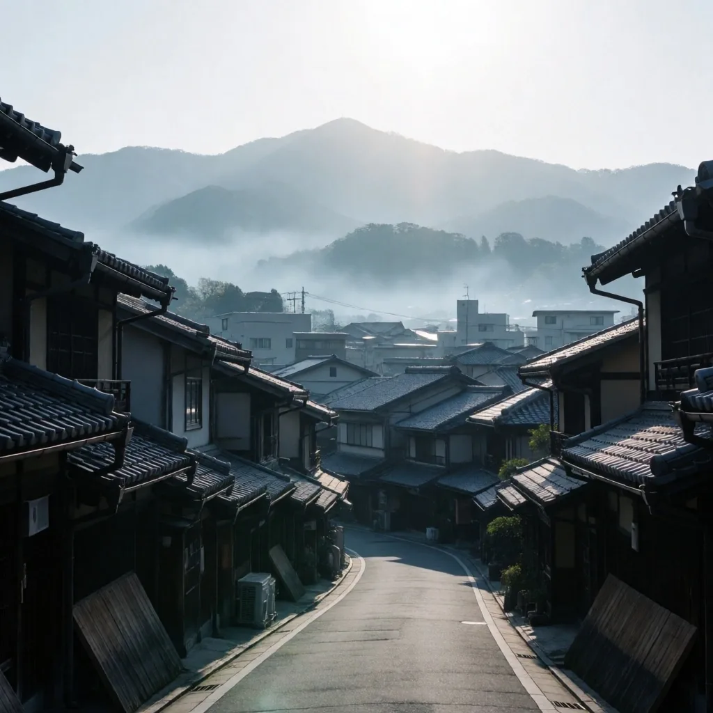 朝霧の日本の住宅街と遠景の山並み