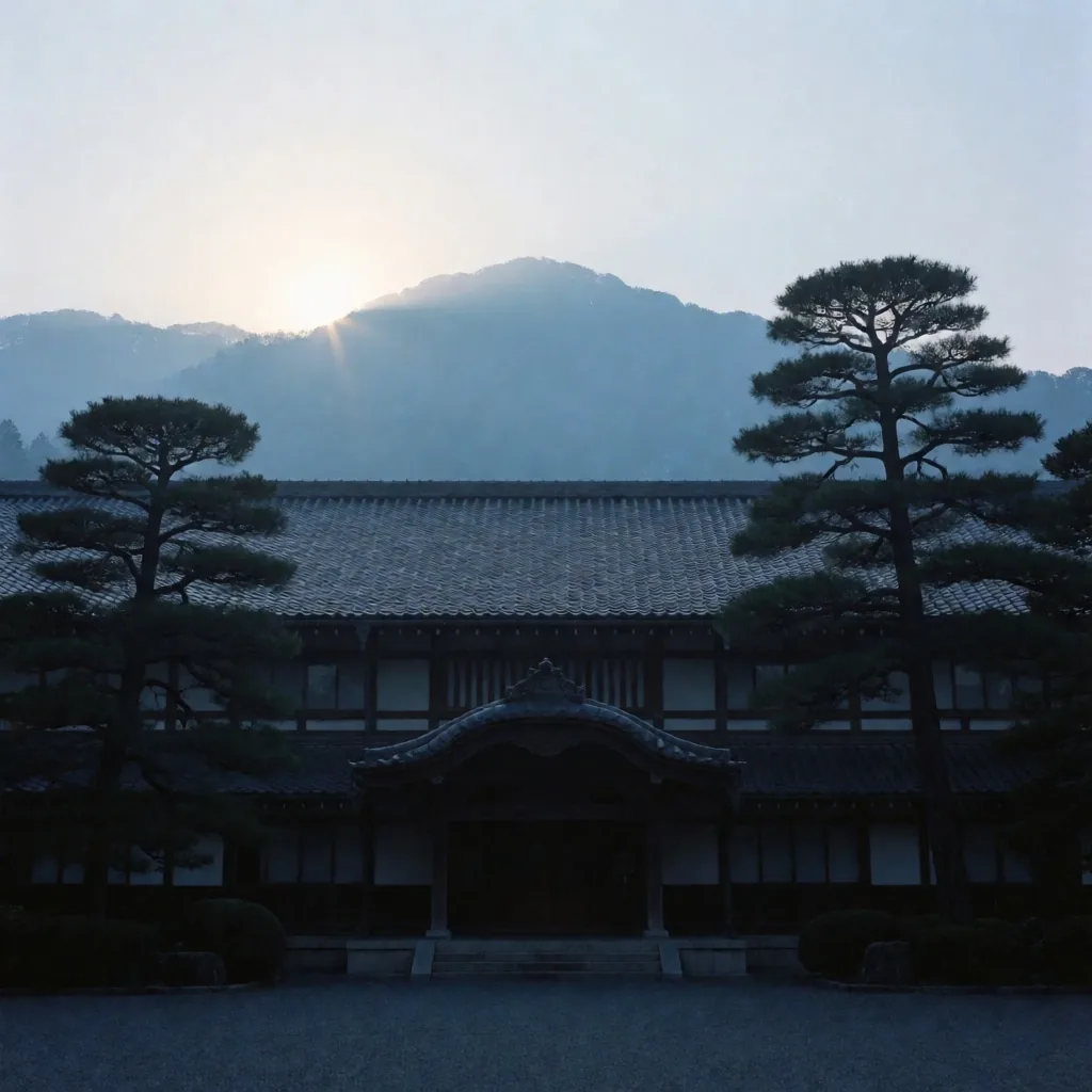 早朝の霧に包まれた日本の山並み、青写真風の青色調